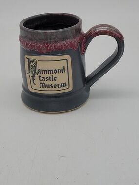 Grey Fox Pottery Hammond Castle Museum Mug Cup Red Drip Glaze Grey